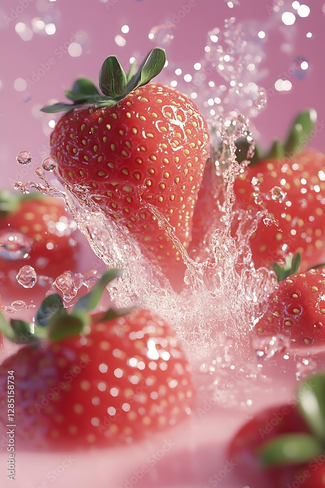 Poster vibrant red strawberries creating stunning splashes of water against a dreamy pink background : gene