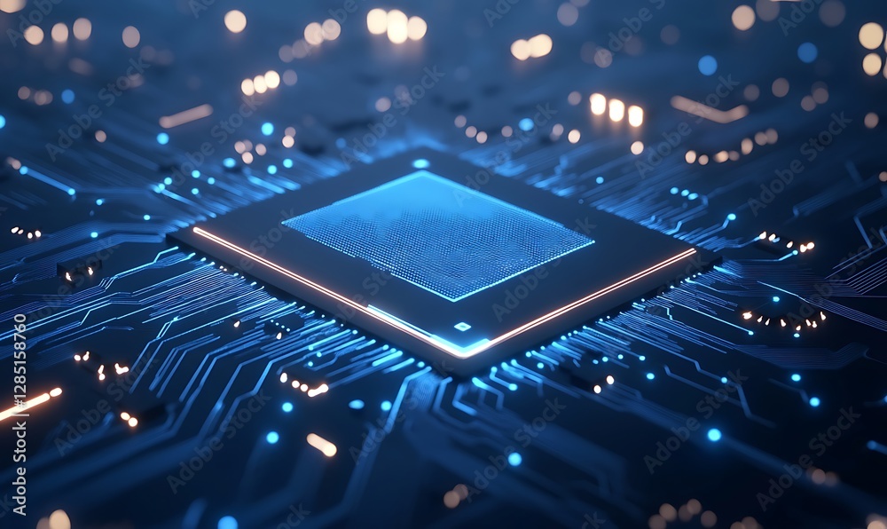 Poster Close-up of a glowing microchip on a circuit board with intricate blue patterns.