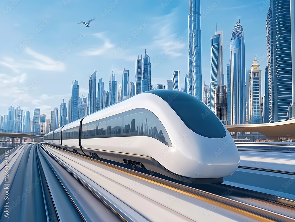 Aufkleber futuristic high speed train on elevated tracks with modern skyscrapers in the background showcasing 