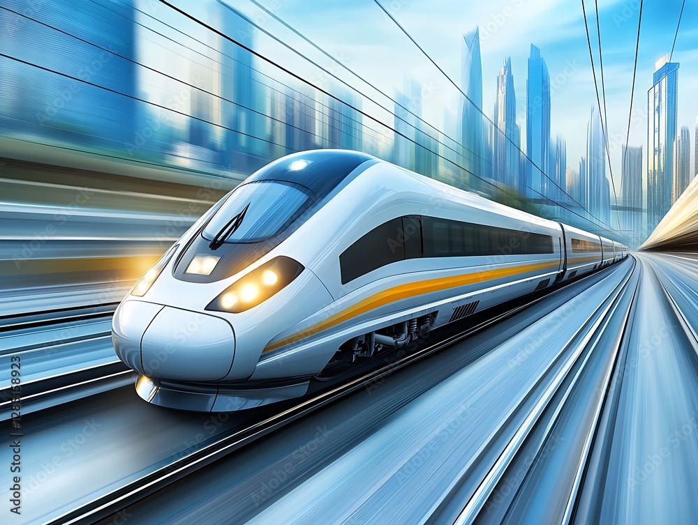 Poster dynamic view of a sleek fast train speeding down railway tracks in a modern city : generative ai