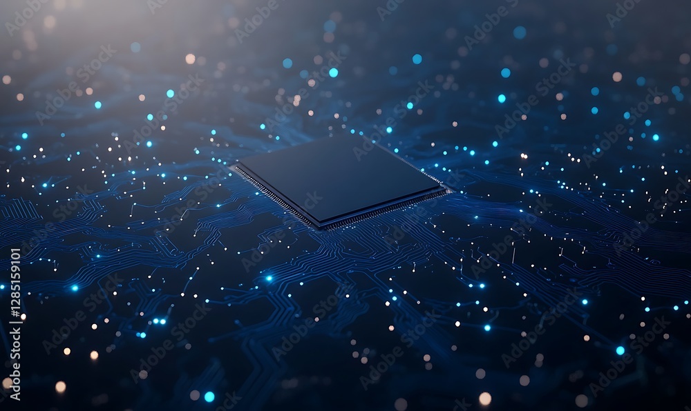 Poster Digital circuit board with glowing particles in a futuristic setting.