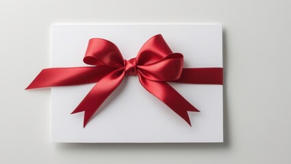 Blank White Gift Card with Red Satin Ribbon Bow for Celebrations and Special Occasions
