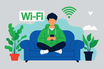 Young Man Relaxing with Wi-Fi and Smartphone