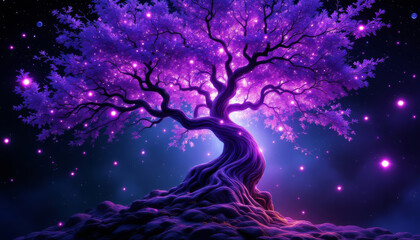 Magical purple tree stands against a dreamy starry night