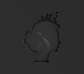 Profile view silhouette of a princess or queen. Cute girl portrait. Fashion branding emblem. 3D render