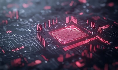 Abstract representation of a microchip with glowing red elements on a dark circuit board background.