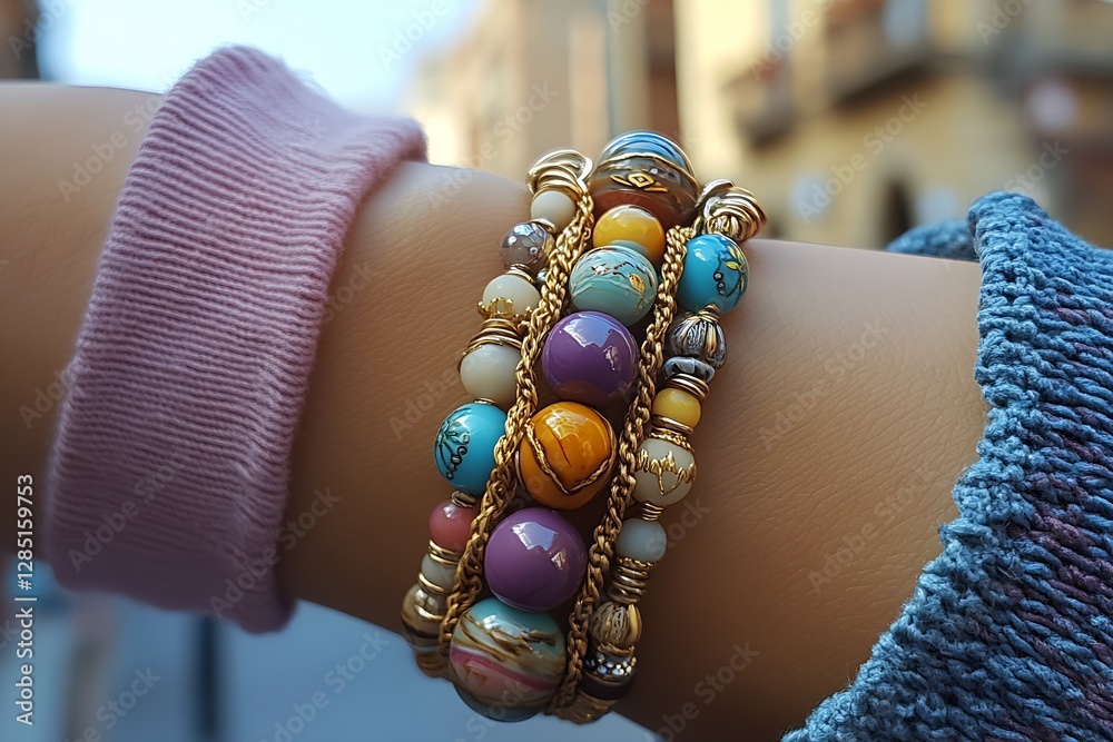 Poster Trendy artisanal bracelets with intricate designs displayed elegantly on a wrist in soft focus : Generative AI