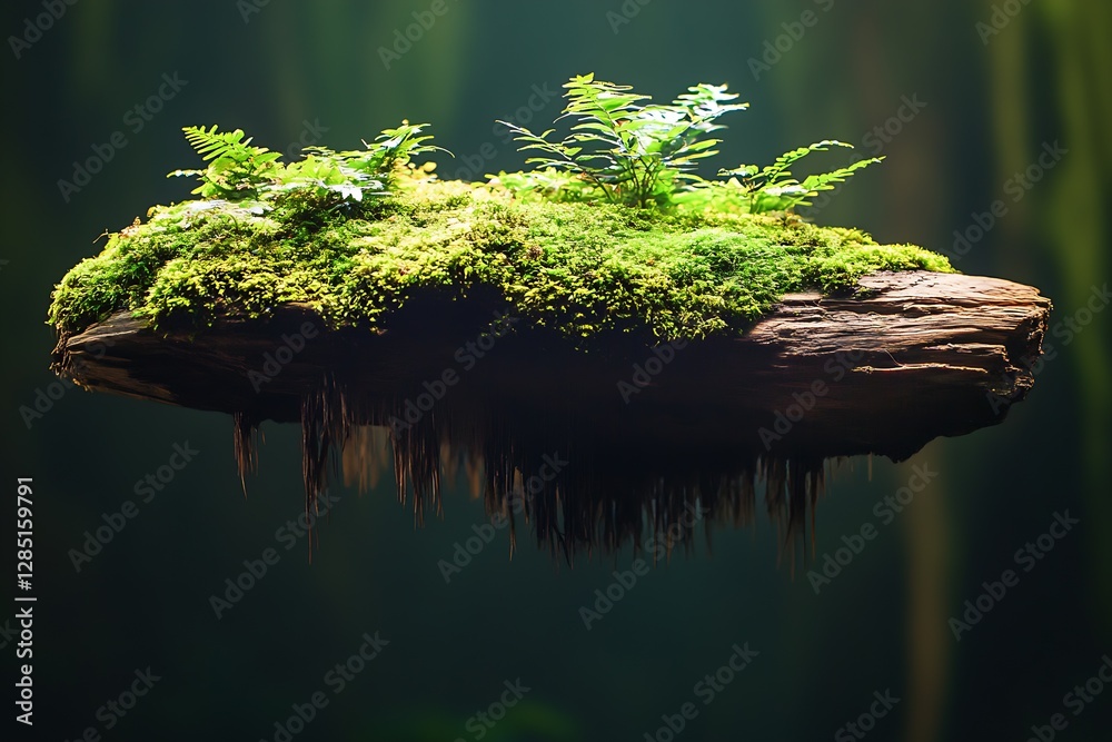 Poster floating mossy island with delicate plants thriving on driftwood in a soft light background : genera