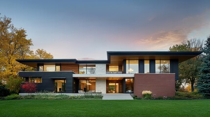 Modern House Design Surrounded by Lush Greenery at Sunset