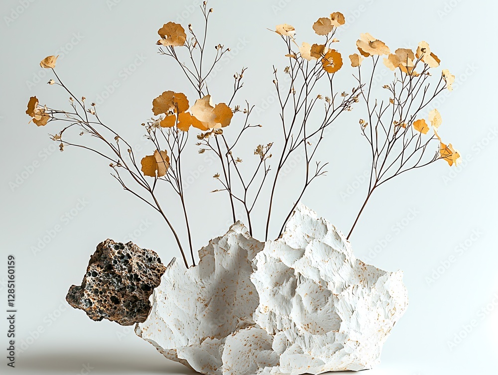 Poster artistic floral display featuring pressed leaves and rocks in a stylish white container for interior