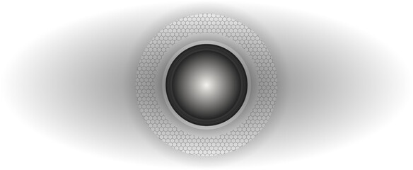 Grey, black and white abstract centered circles background design with honeycomb pattern. Stereo speaker design