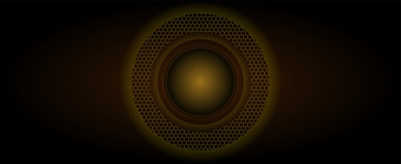 Grey, black and white abstract centered circles background design with honeycomb pattern. Stereo speaker design