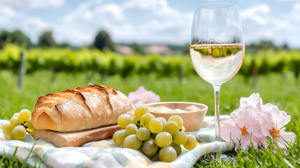 Vineyard picnic Wine, bread, grapes, flowers. Lifestyle scene