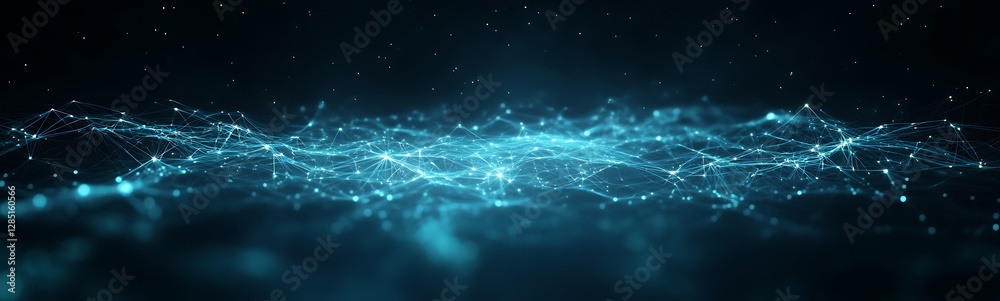 Poster abstract digital landscape with glowing blue particles and lines against a dark background.