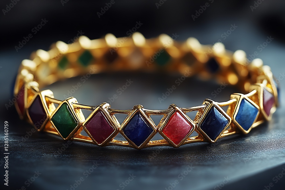 Aufkleber artistic close shot of a vibrant golden bracelet with colorful gemstone insets reflecting light : ge