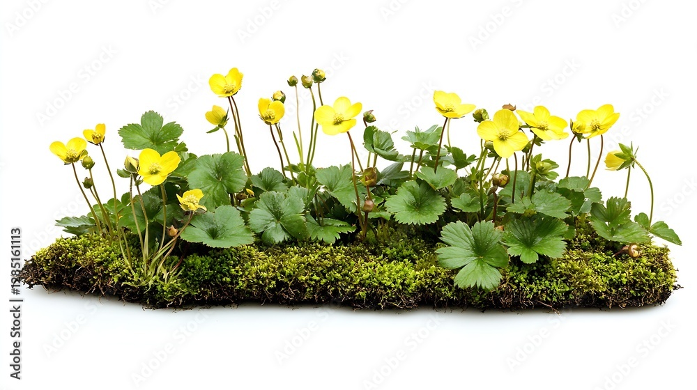 Poster lush arrangement of yellow flowers with vibrant greenery on textured mossy surface in artistic compo