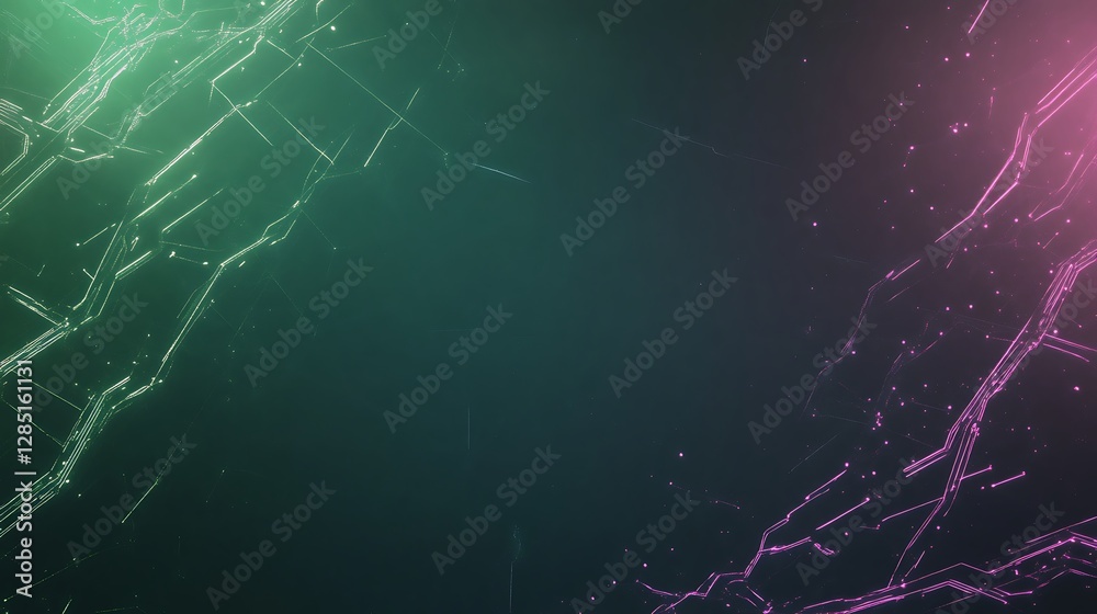 Poster abstract digital background with glowing lines in green and pink hues.