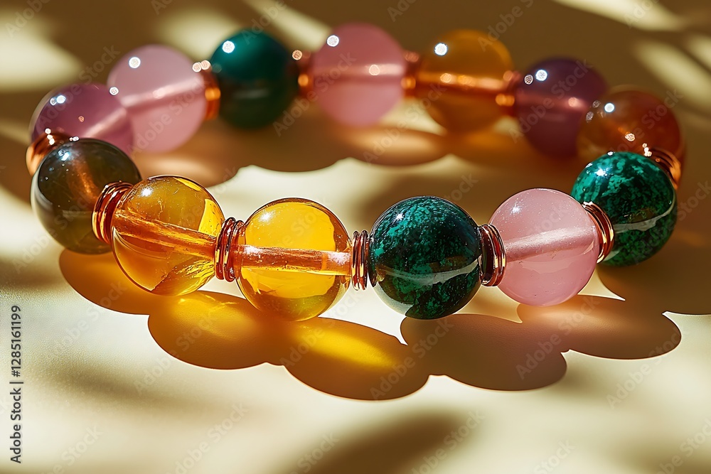 Poster Artistic display of a colorful gemstone bracelet showcasing various vibrant beads under soft light : Generative AI