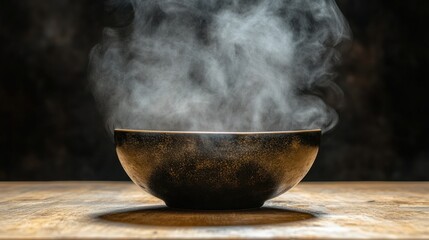 Steaming bowl of hot food on wooden table, dark background