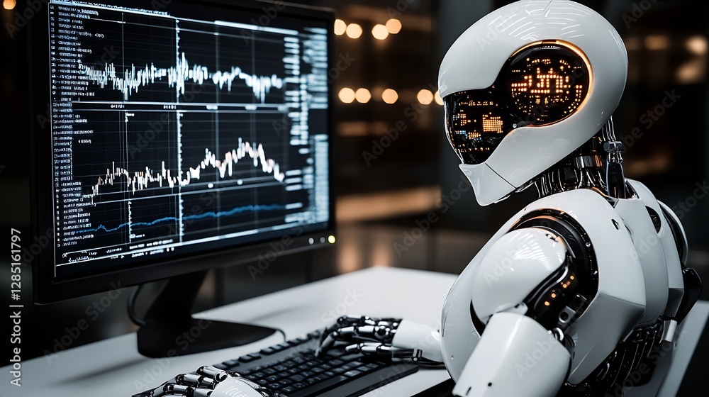 Fototapete Advanced robotic system analyzing market data on high-resolution screens in a modern office : Generative AI