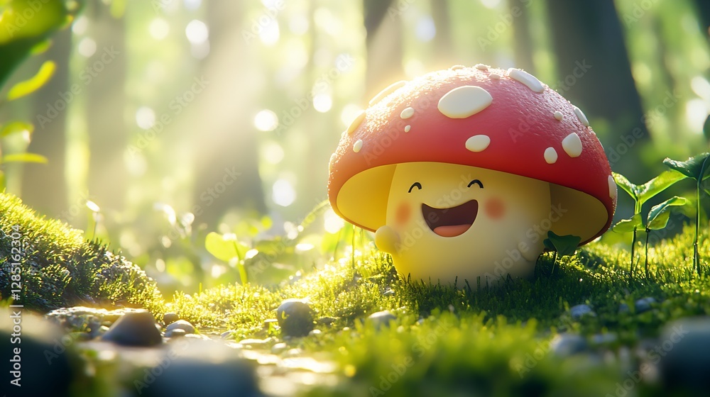 Poster Playful and Happy Animated Mushroom Character Surrounded by Nature's Beauty : Generative AI