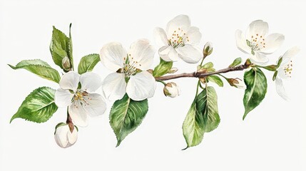 Fototapeta premium A detailed illustration of apple blossoms on a branch with leaves.