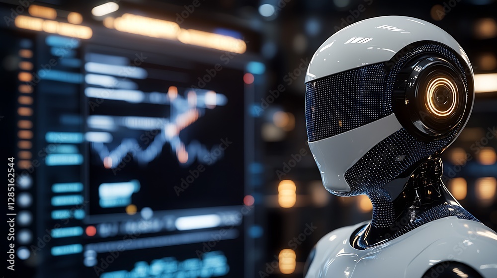 Poster Sleek humanoid robot featuring advanced visual systems and digital analytics backgrounds : Generative AI