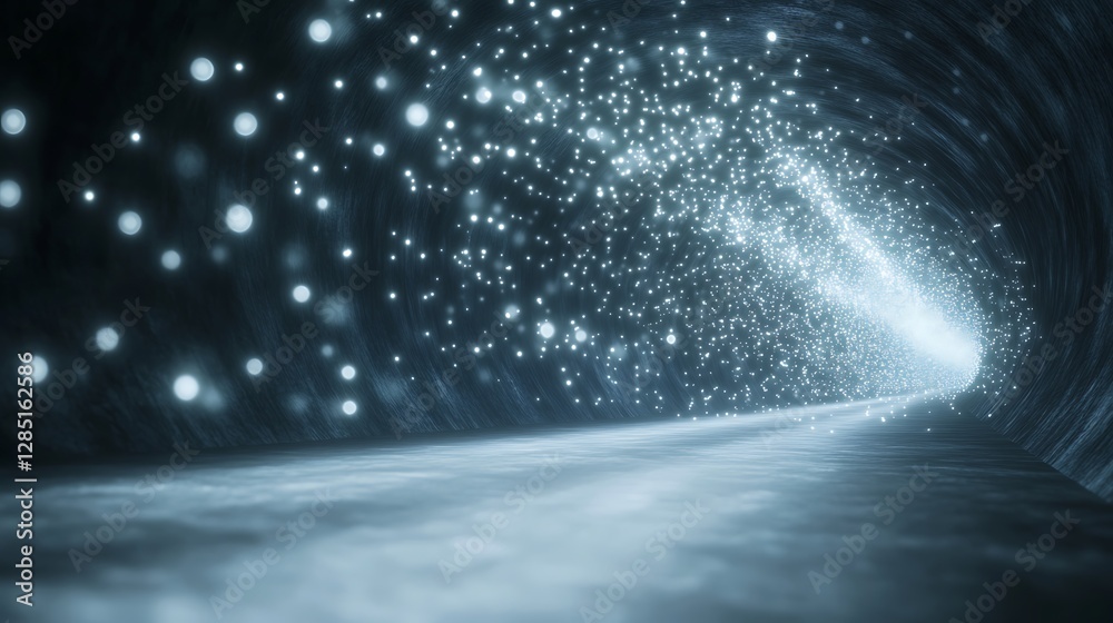 Poster a shimmering tunnel with glowing particles leading to a bright light.