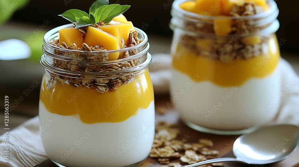 Poster Close-Up View of a Mango Parfait Layered with Granola and Creamy Yogurt in a Jar : Generative AI
