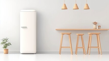 Modern Minimalist Kitchen Interior Design  White Fridge  Wooden Bar Stools   Pendant Light