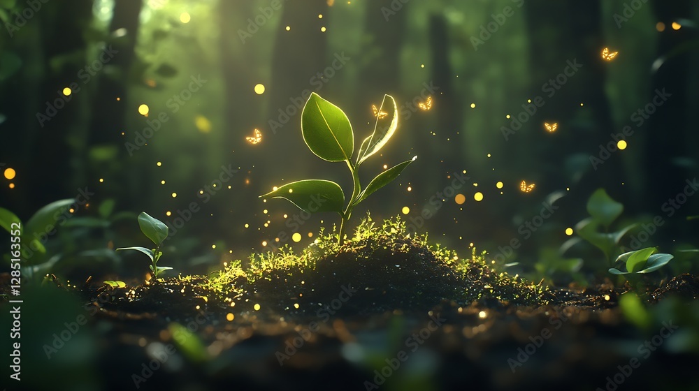 Aufkleber radiant young plant emerging from soil illuminated by soft light and surrounded by floating particle