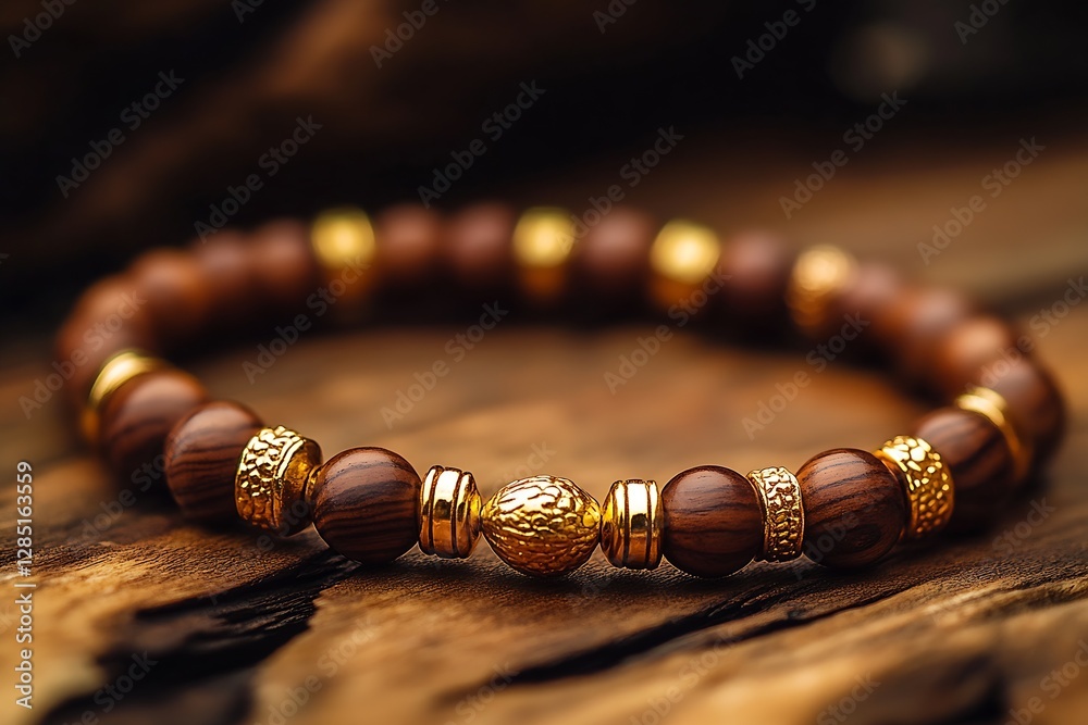 Aufkleber stylish closeup of design-driven wooden beaded bracelet featuring distinct gold element : generative