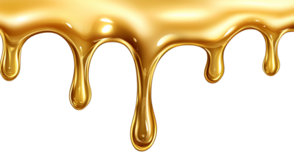 Golden liquid dripping down isolated on white background.
