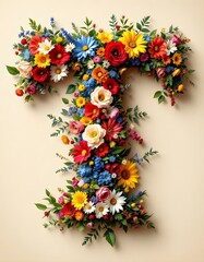 letter, T, floral, flowers, vibrant, colorful, artistic, elegant, design, organic, natural, red, yellow, pink, blue, white, blooms, green, leaves, accents, beige, background, soft, texture, warm, 