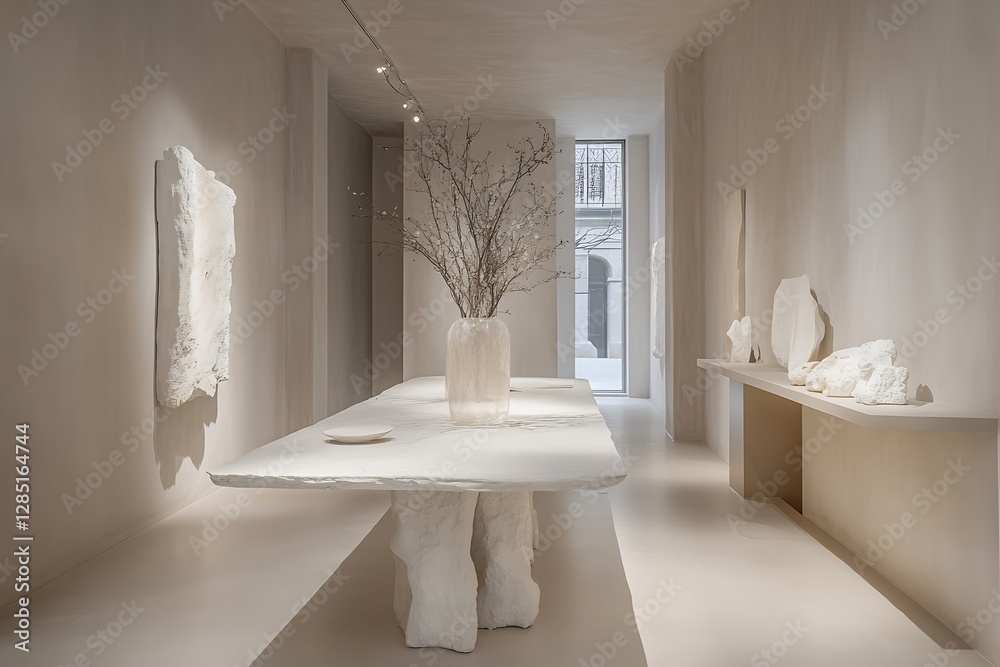 Poster elegant art gallery interior with textured white walls and contemporary sculptures displayed : gener