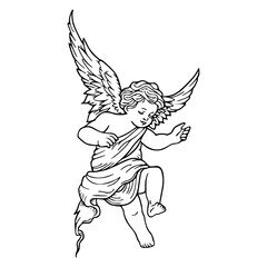 a black and white drawing of an angel with wings