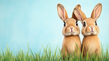 Obraz premium Two Rabbits in Grass Against Pastel Blue Background