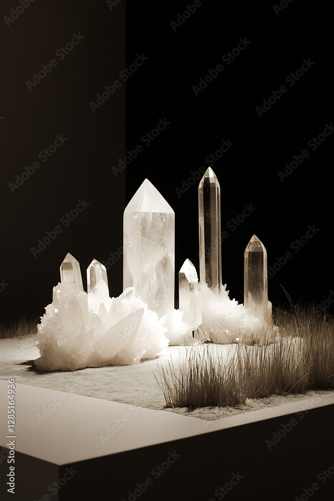 Aufkleber artistic arrangement of striking crystals on textured surface in a dark atmosphere : generative ai
