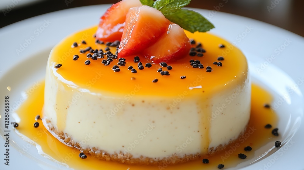 Poster Tempting Cheesecake with Glazed Mango and Strawberry Topping Served on a Plate for Dessert : Generative AI