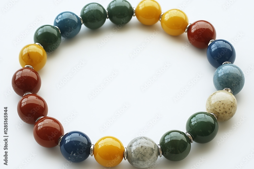 Poster elegant colorful beaded bracelet displaying unique natural stones on white : generative ai