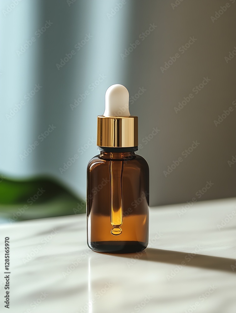 Poster Stylish Brown Glass Bottle with a Dropper for Liquid Extracts Captured in Soft Diffused Lighting : Generative AI