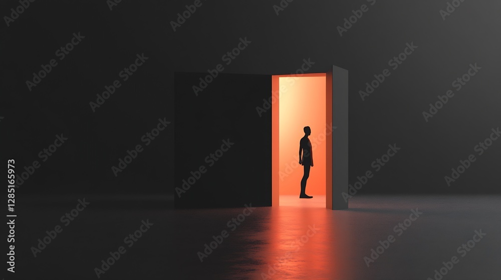 Poster artistic representation of a person in silhouette near a brightly lit doorway in a dark space : gene