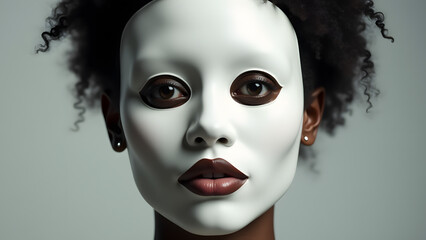 A white mask over a dark-skinned face, symbolizing racial assimilation and the suppression of identity.