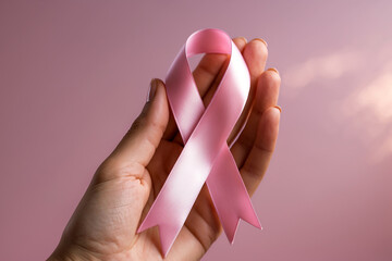 Hands holding pink ribbons, breast cancer awareness concept