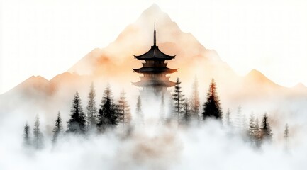 Serene Sunrise  Pagoda  Misty Mountains    Pine Forest Digital Art