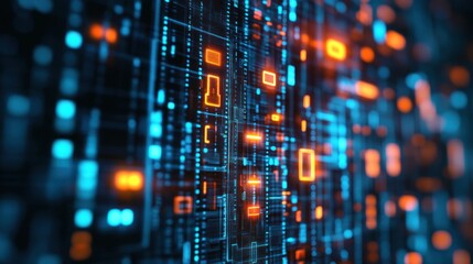 Abstract Digital Wall: Neon Blue and Orange Data Stream