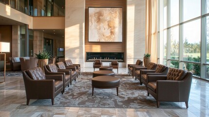 Obraz premium Luxurious Hotel Lobby Interior Modern Fireplace Leather Seating Abstract Art