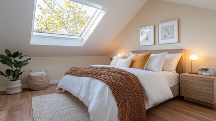 Cozy attic bedroom with skylight, natural light, and minimalist decor