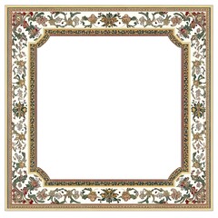 A rectangular picture frame with an ornate, traditional middle eastern pattern border on the edges and white background colors like golds, greens, reds, blues, pinks, yellows, or other earth tones.