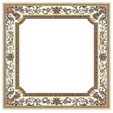 A rectangular picture frame with an ornate, traditional middle eastern pattern border on the edges and white background colors like golds, greens, reds, blues, pinks, yellows, or other earth tones.